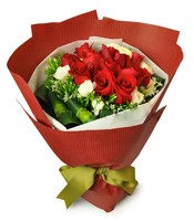 特别的爱-12枝红玫瑰，白桔梗、石竹梅、巴西叶