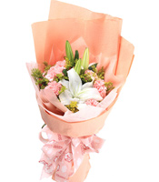 父爱关怀-11枝粉康乃馨，2枝白香水百合，黄莺点缀