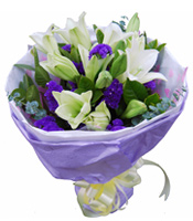 友谊长存-6枝铁炮白百合，紫色勿忘我、绿叶点缀